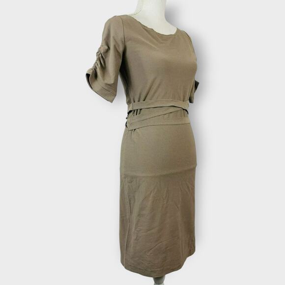 Tehen France Sheath Dress Tan Boat Neck Career Polished 1/4 Sleeves Size Medium - Picture 2 of 8